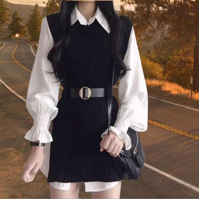 Y2K Two Piece Knitted Sleeveless Dress Over Shirt