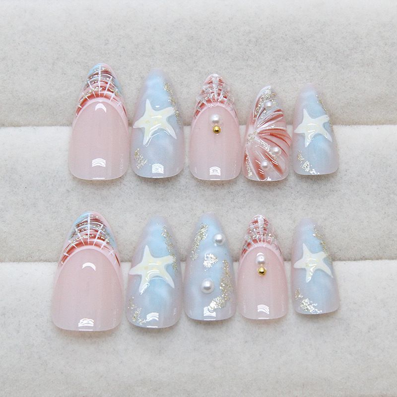 Beach Seashell Pearl Blue Short Almond Nail