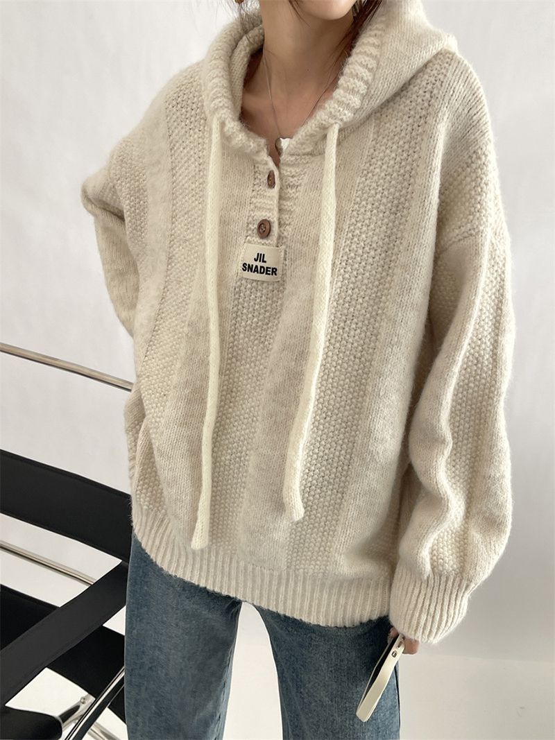 Waffle Textured Casual Sporty Button Neck Sweater With Hood