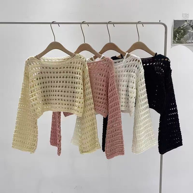 Cute Crochet Knit Mesh Flare Sleeve Crop Top Blouses