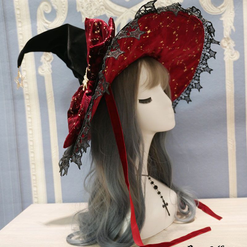 Starry Retro Halloween Witch Hats Masquerade Ribbon Bow Gothic Lolita Wizard Hat