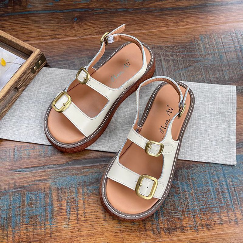 Real Leather Double Buckle Platform Sandals For Women