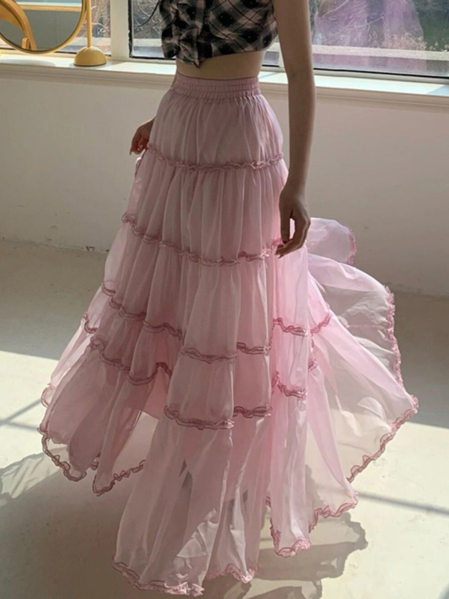 Slimming Flowy Lettuce Ruffle Tiered Long Tulle Flare Skirt