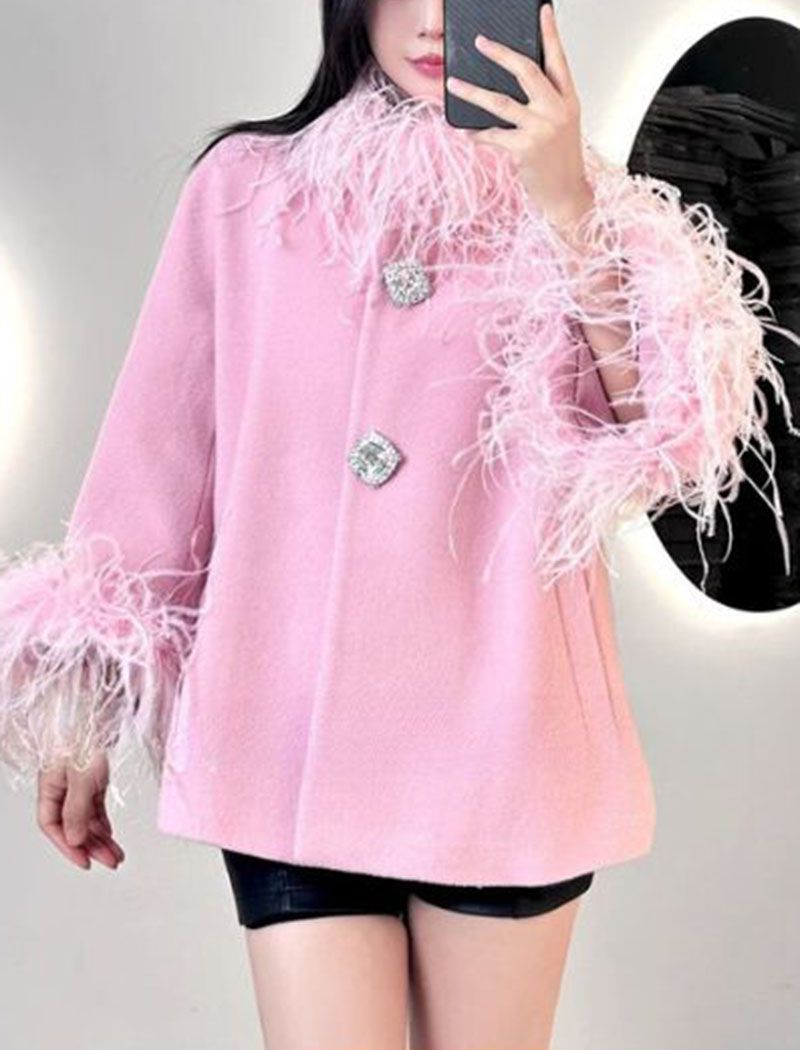 Fluffy Ostrich Feather Collar Woolen Coat