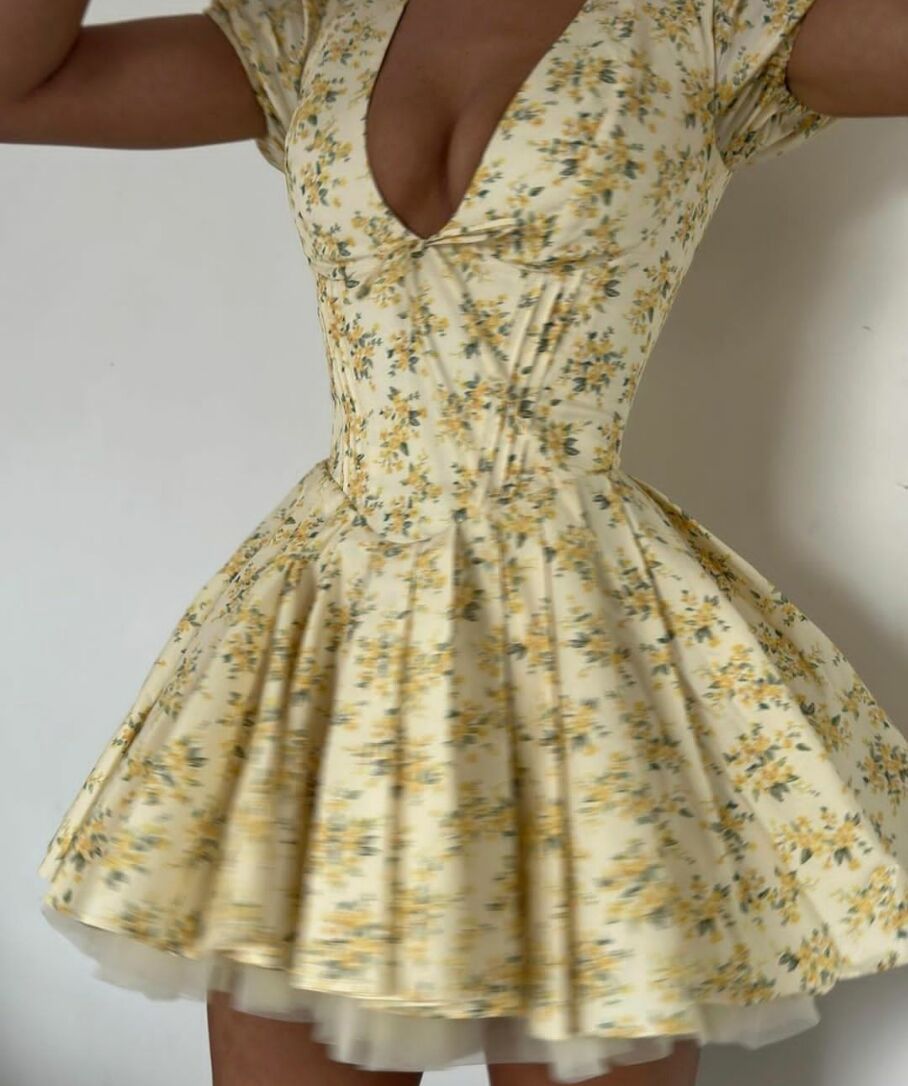 Cottage Yellow Floral V Neck Corset Mini Flowy Dress