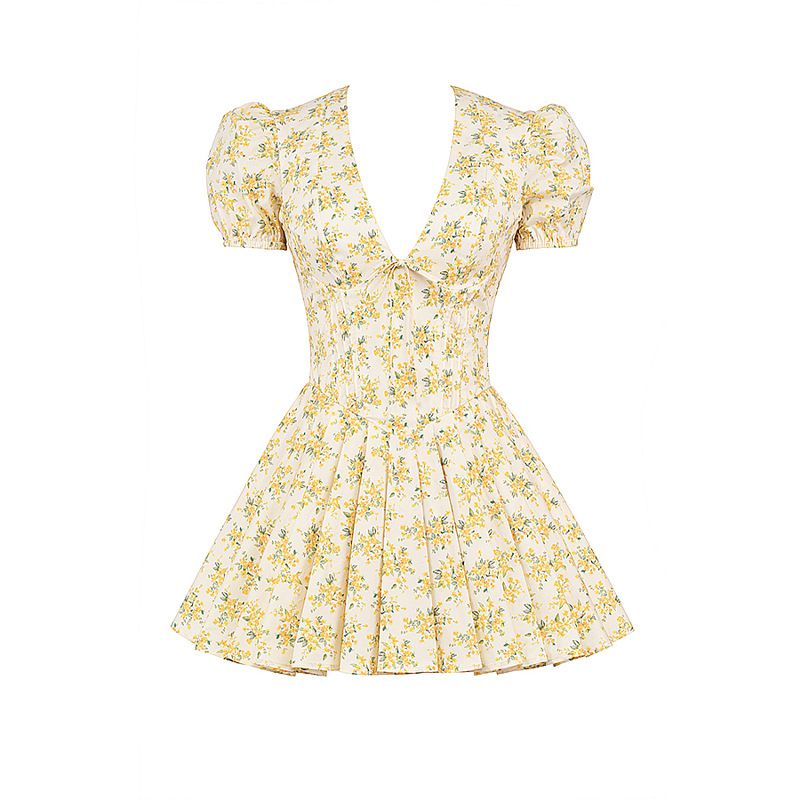 Cottage Yellow Floral V Neck Corset Mini Flowy Dress