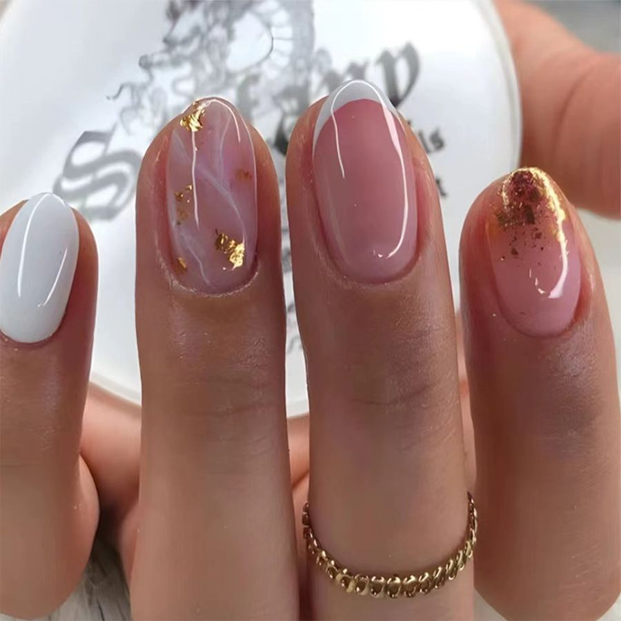 Glitter Marble Short Acrylic Short French Tip Nails