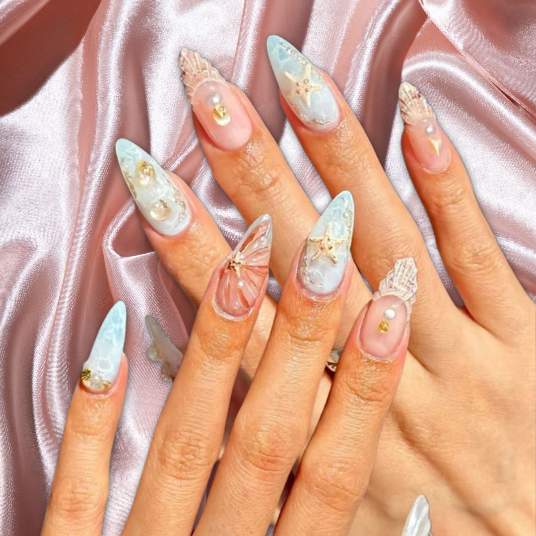 Beach Seashell Pearl Blue Short Almond Nail