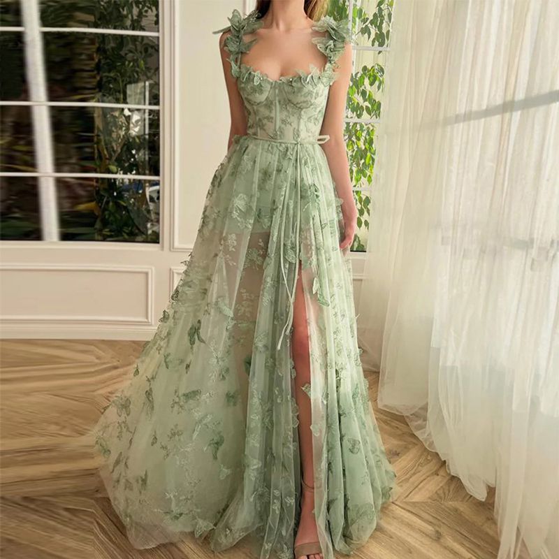 Aesthetic 3D Crochet Butterly Embroidered Tulle Prom Dress