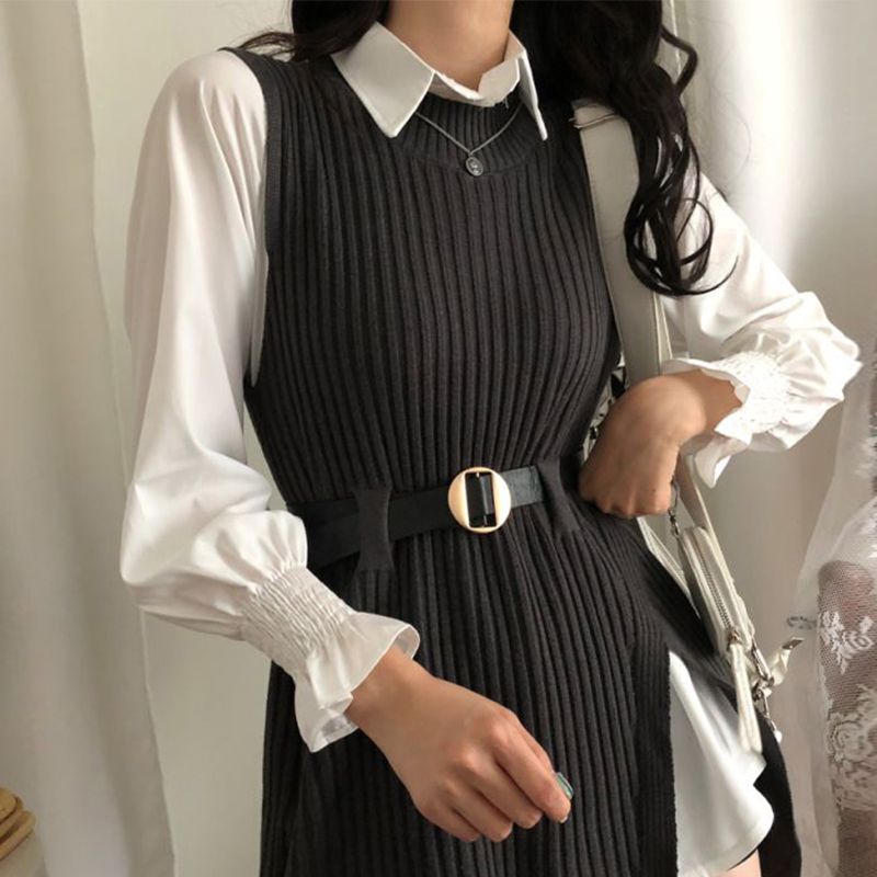 Y2K Two Piece Knitted Sleeveless Dress Over Shirt