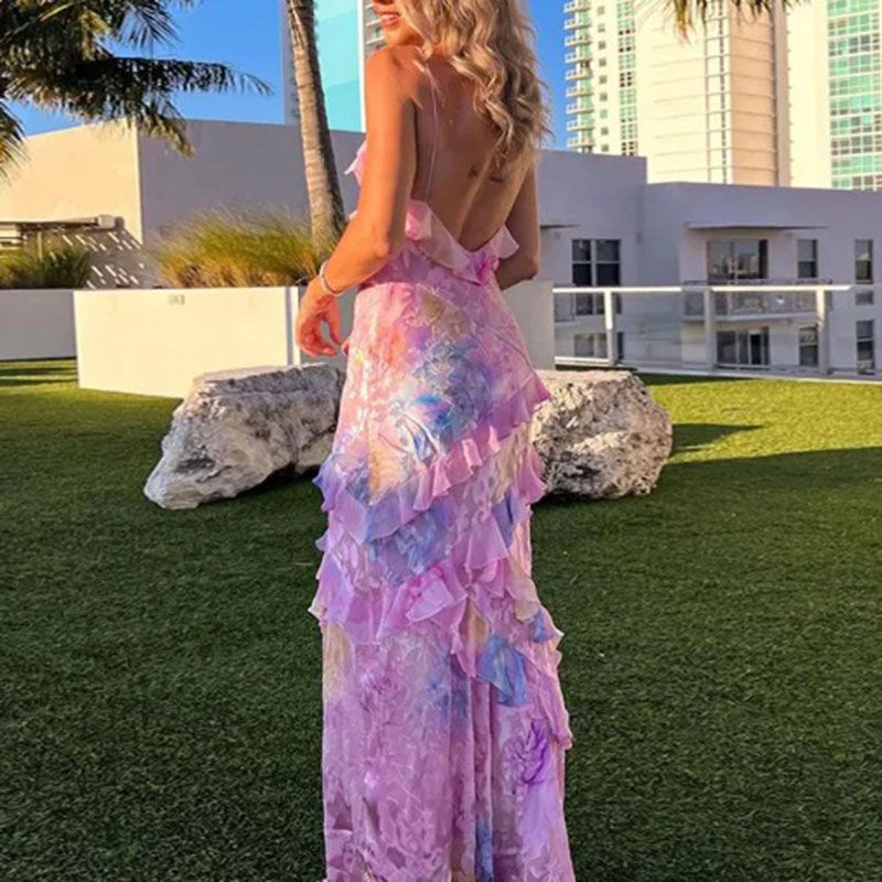 Pastel Fragrance Print Lace Ruffled Maxi Dress