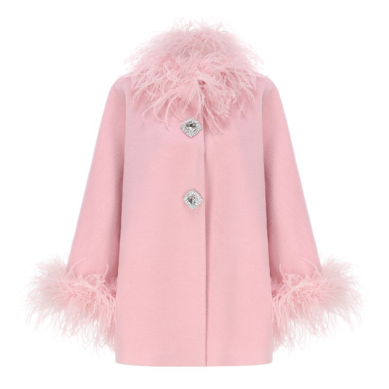 Fluffy Ostrich Feather Collar Woolen Coat