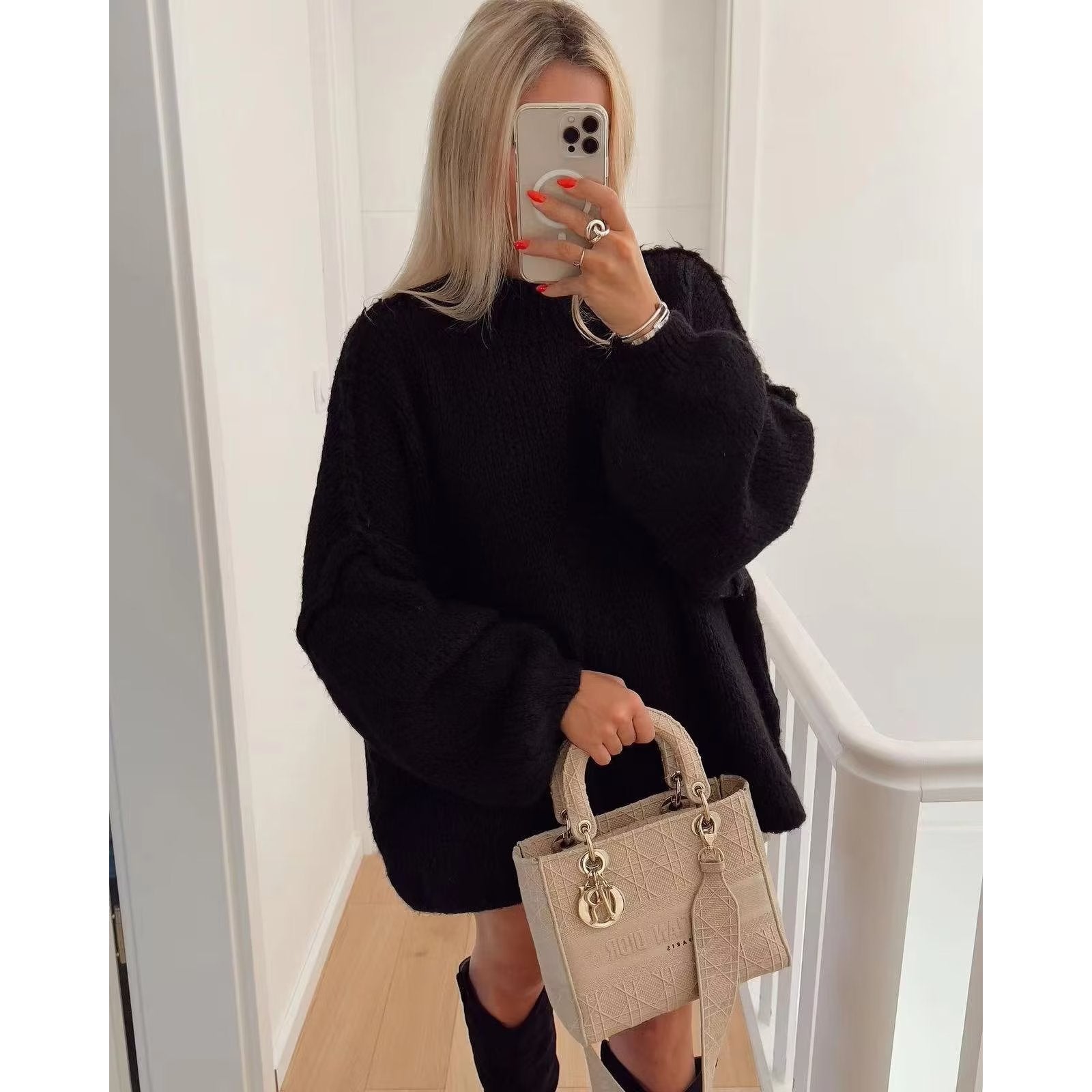 Texture Cozy Knit Oversized Sweater Long Lantern Sleeve