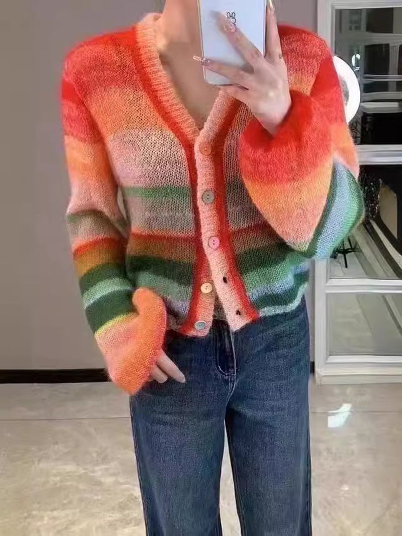 Wool Blend Pastel Rainbow Color Block Ombre Cardigan