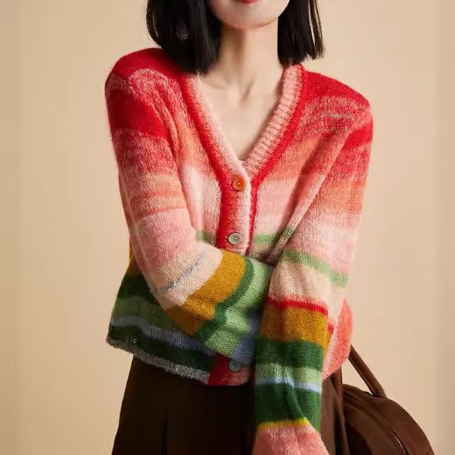 Wool Blend Pastel Rainbow Color Block Ombre Cardigan