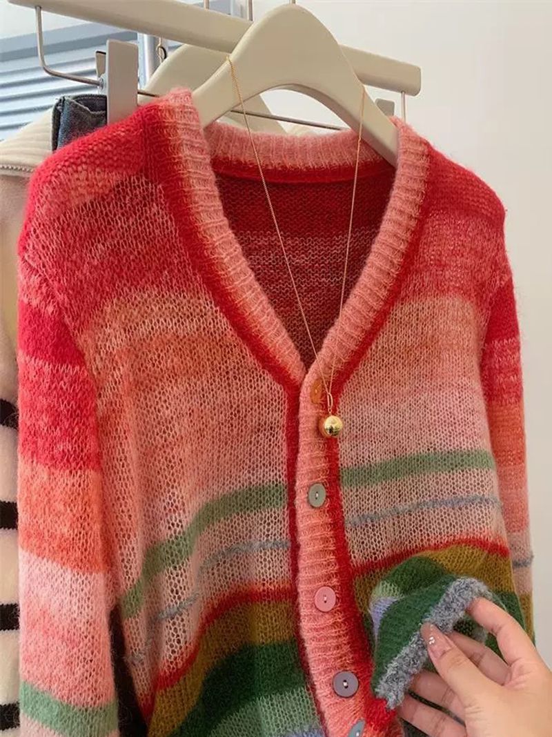 Wool Blend Pastel Rainbow Color Block Ombre Cardigan