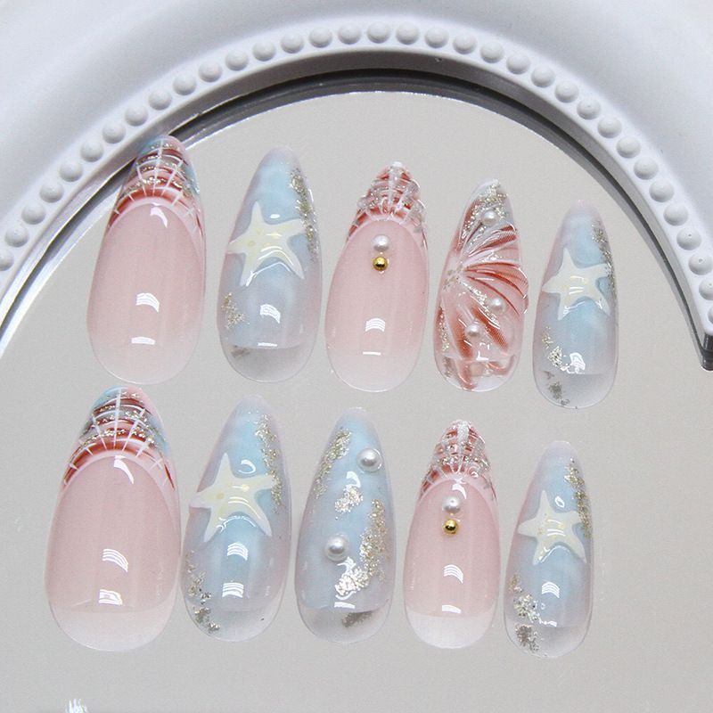 Beach Seashell Pearl Blue Short Almond Nail