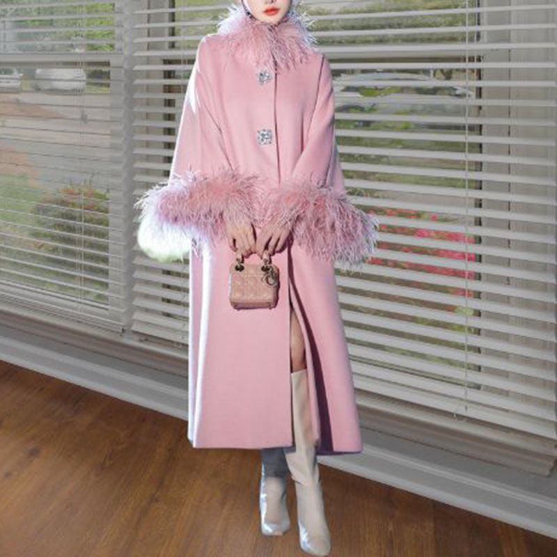 Fluffy Ostrich Feather Collar Woolen Coat