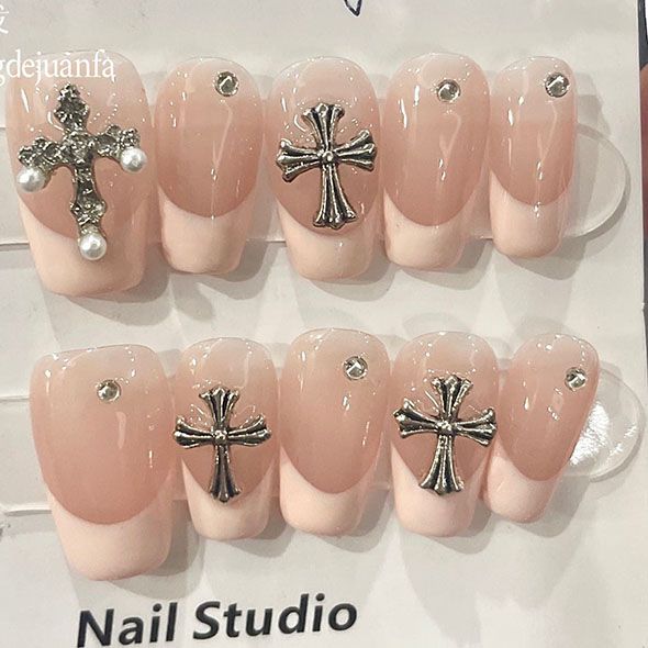 10 PCS Chrome Hearts Coffin Pink French Nail