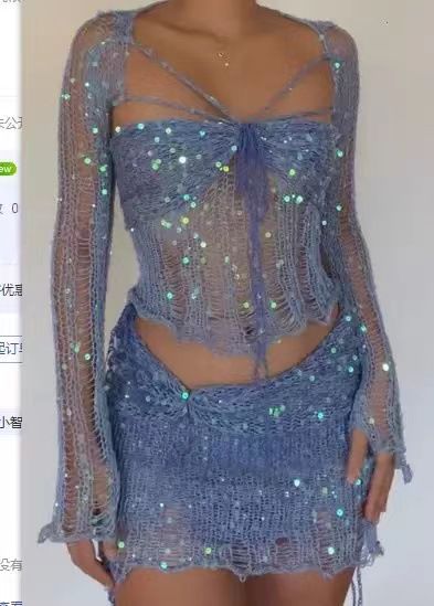 Shiny Sequin Beaded Strappy Tie Hollow Mesh Knitted Three Piece Skirt Set