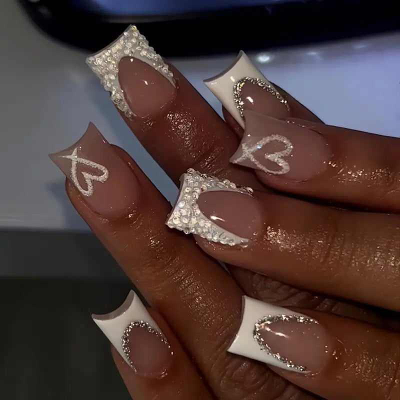 French Tip Diamond Short Duck Nails Press On