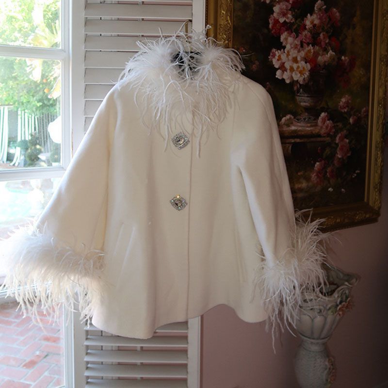 Fluffy Ostrich Feather Collar Woolen Coat