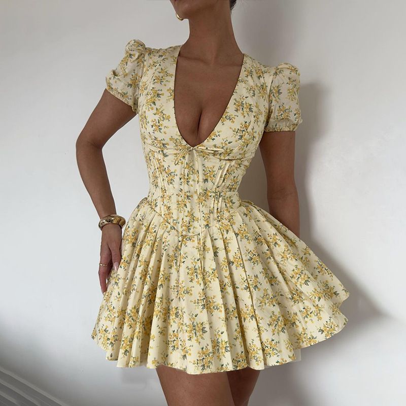 Cottage Yellow Floral V Neck Corset Mini Flowy Dress