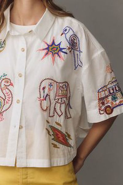 Roomie Electric Embroidered Rainbows Collared Button Down Shirt