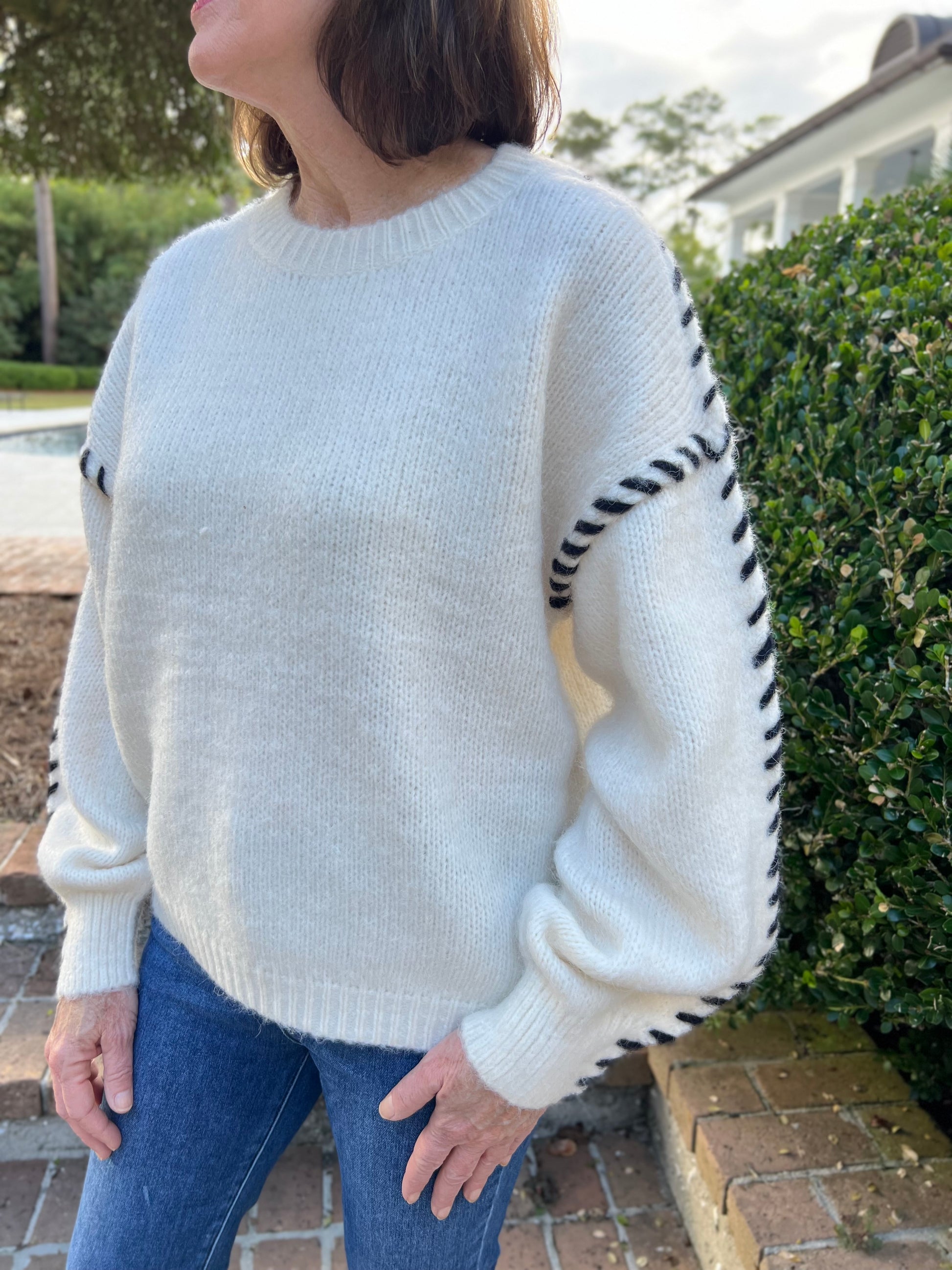 Whipstitch Oversized Simple Sweater With Ballon Sleeve