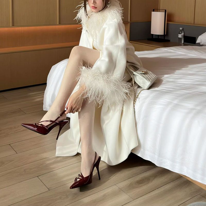 Fluffy Ostrich Feather Collar Woolen Coat