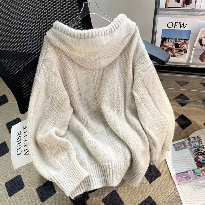 Waffle Textured Casual Sporty Button Neck Sweater With Hood