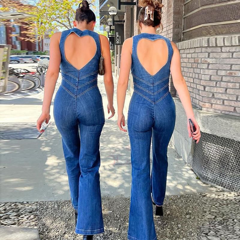 Love Heart Cut Out Zipper Wide Leg Palazzo Denim Jumpsuit