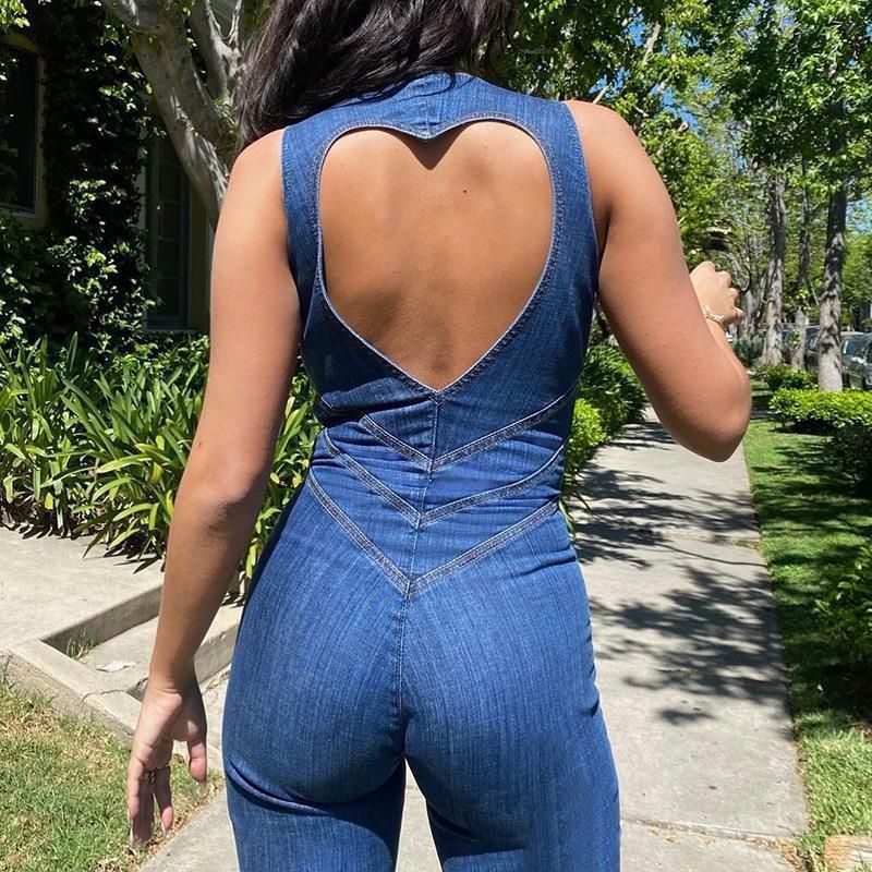 Love Heart Cut Out Zipper Wide Leg Palazzo Denim Jumpsuit