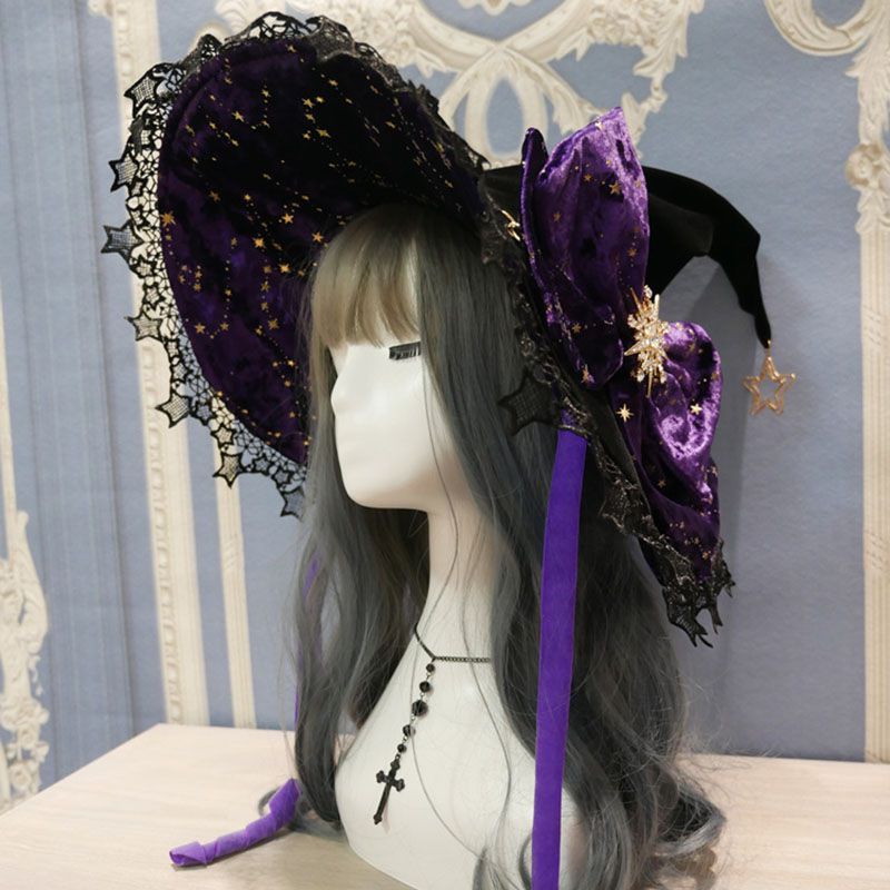 Starry Retro Halloween Witch Hats Masquerade Ribbon Bow Gothic Lolita Wizard Hat