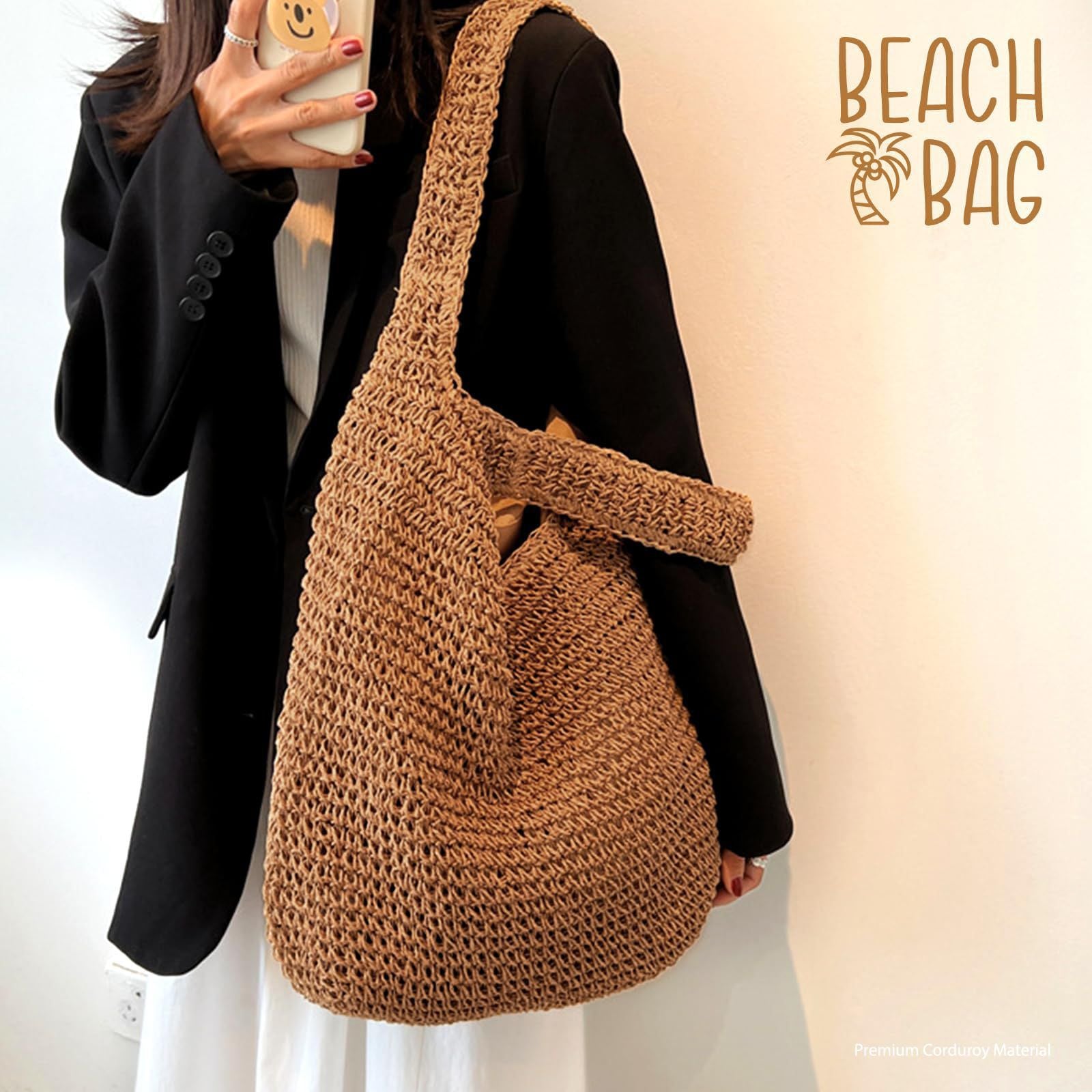 Boho Crochet Block Net Knitted Travel Tote Bags