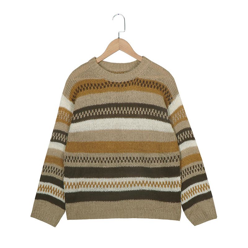 Retro Color Block Stripe Chunky Knitted Jumper Colored Knitwear Sweate ...