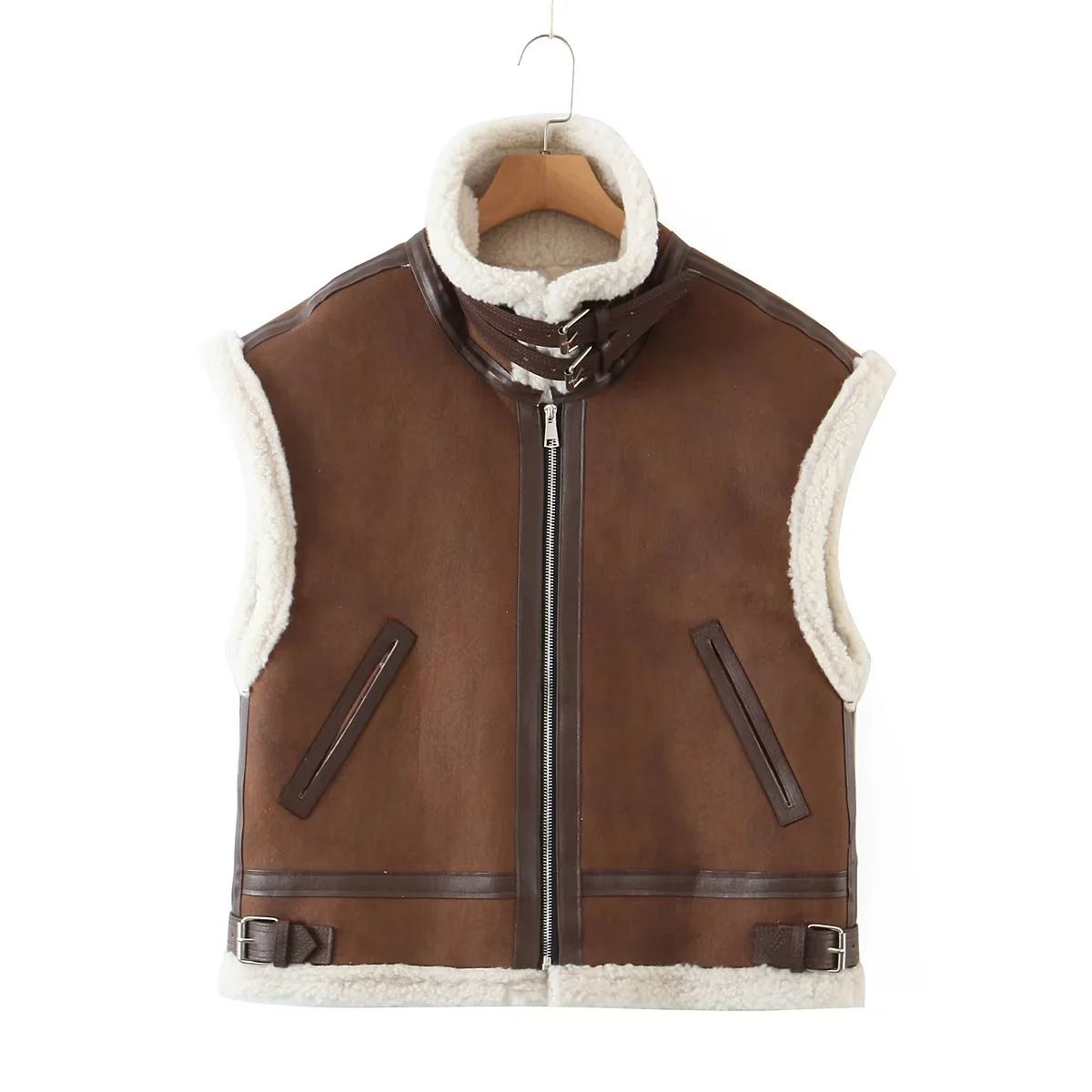 Oversized Pleather Faux Fur Shearling Vest Jacket Fur Collar – sunifty