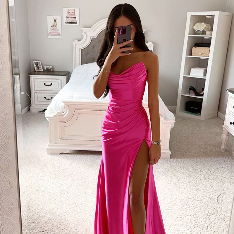 Fabulous Ruched Satin Silky Homecoming Prom Dress With Slit – sunifty