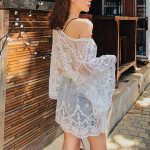 Crochet Embroidery Batwing White Lace Mesh Bathing Suit Swim Cover Up ...