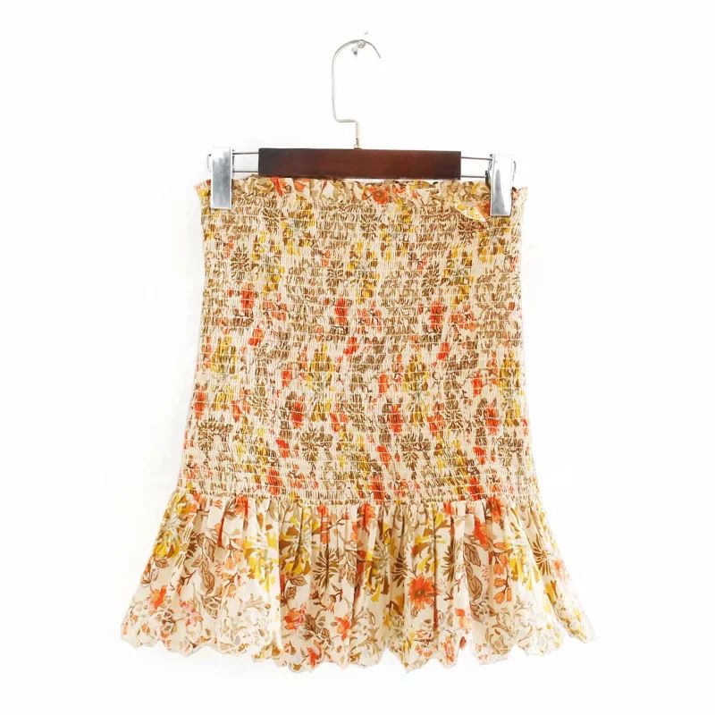 Retro Paisley Mixed Floral Smocked Ruffle Hem Mini Skirt In Multi