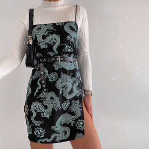 King Style Chinese Dragon Print Strap Slip Dress Side Slit – sunifty