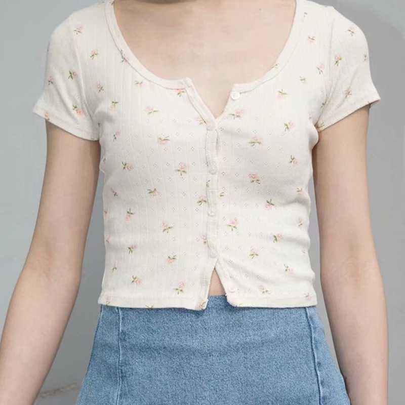 Ribbed Floral Short Sleeve Button Up Crop Top Tee Shirt Sunifty 6917