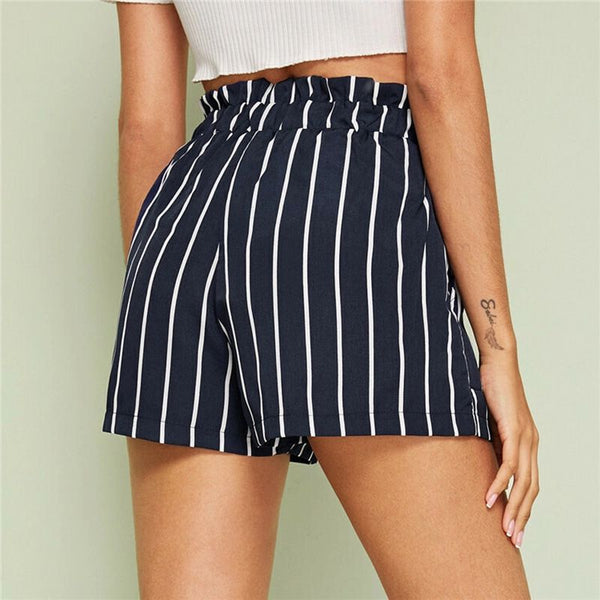 Stripe Print Trompe L'Oeil Paperbag Shorts - Women - Ready-to-Wear