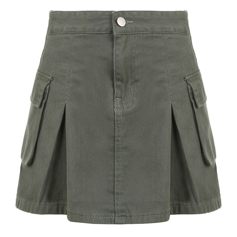 Steam Punk Utility Mini Cargo Pocket Pleated Denim Skirt