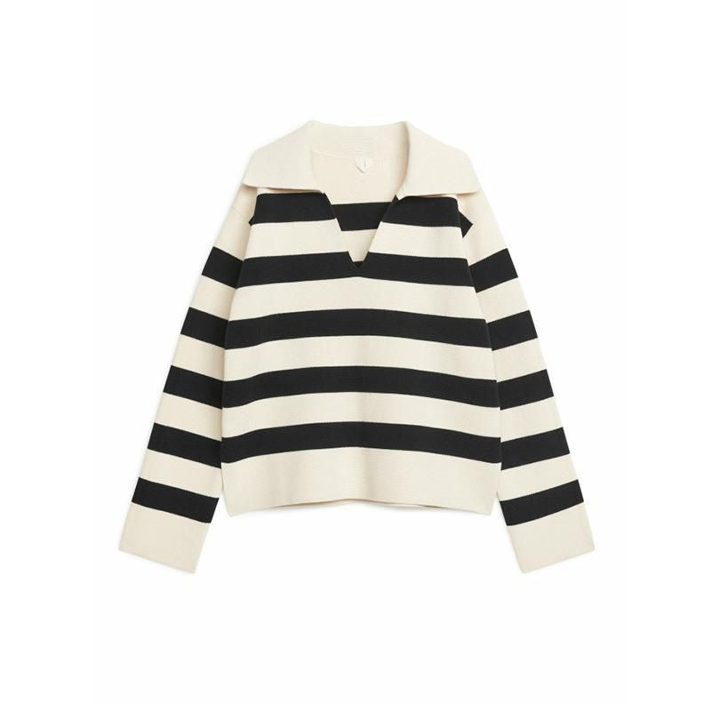 Relaxed Boxy Fit Striped Collared Polo Shirt V-Neck Knit Cotton Jumper Sweater