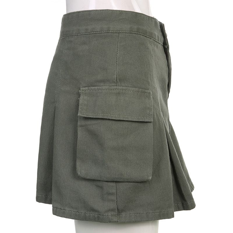 Steam Punk Utility Mini Cargo Pocket Pleated Denim Skirt