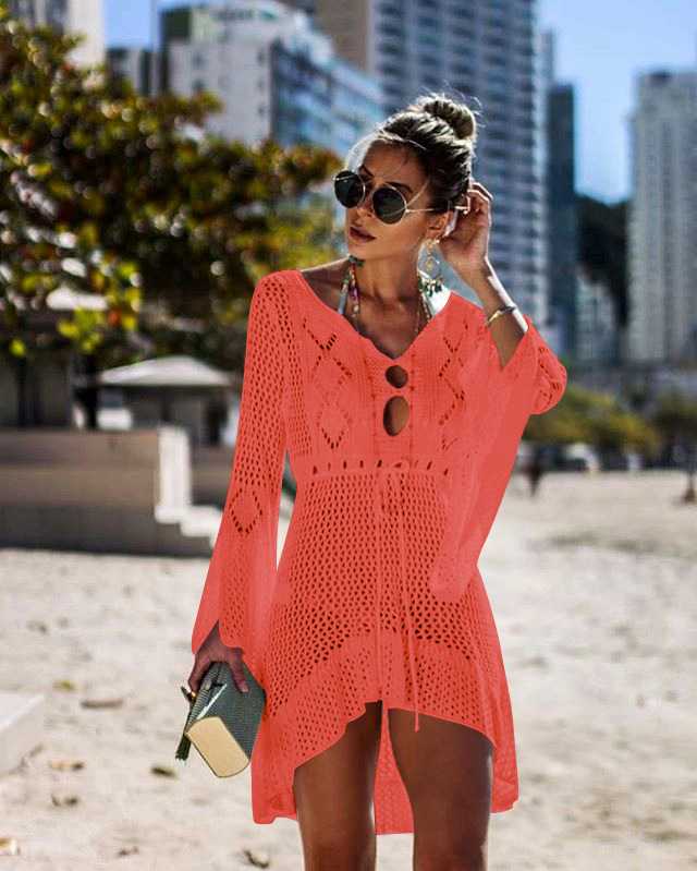 Boho High Low Puff Sleeve Crochet Beach Dress Swim Cover Ups – sunifty