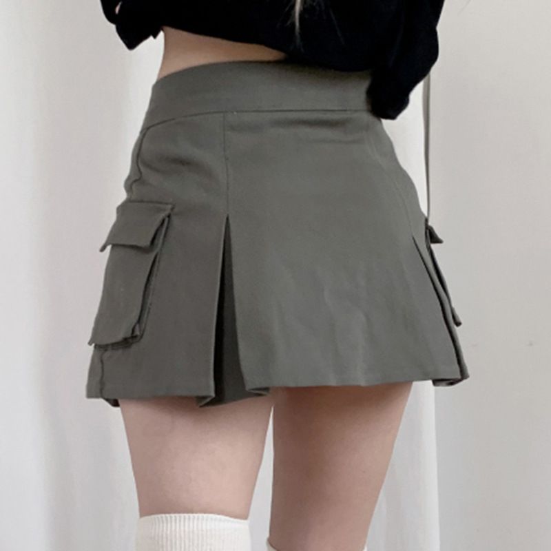 Steam Punk Utility Mini Cargo Pocket Pleated Denim Skirt