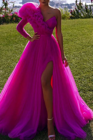 Ruffles Formal One Shoulder Tull High Slit Ball Gown Guest Dress – sunifty