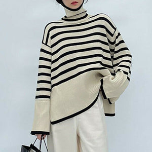 Oversized Baggy Block Striped Wool Cotton Blend Turtleneck Sweater Wit ...